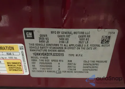 2015 Chevrolet Traverse 1Lt z USA, uszkodzony, nr VIN 1GNKVGKD7FJ222015